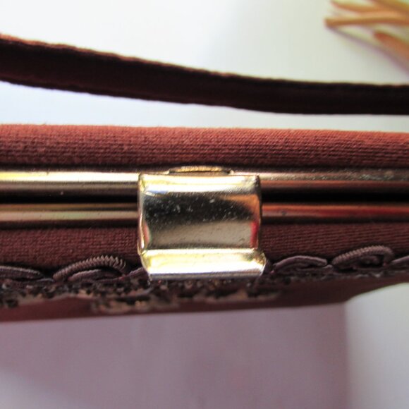 SALE Vintage Caron of Texas Hand Bag Chocolate Brown Gold Bead Accents - Picture 7 of 11